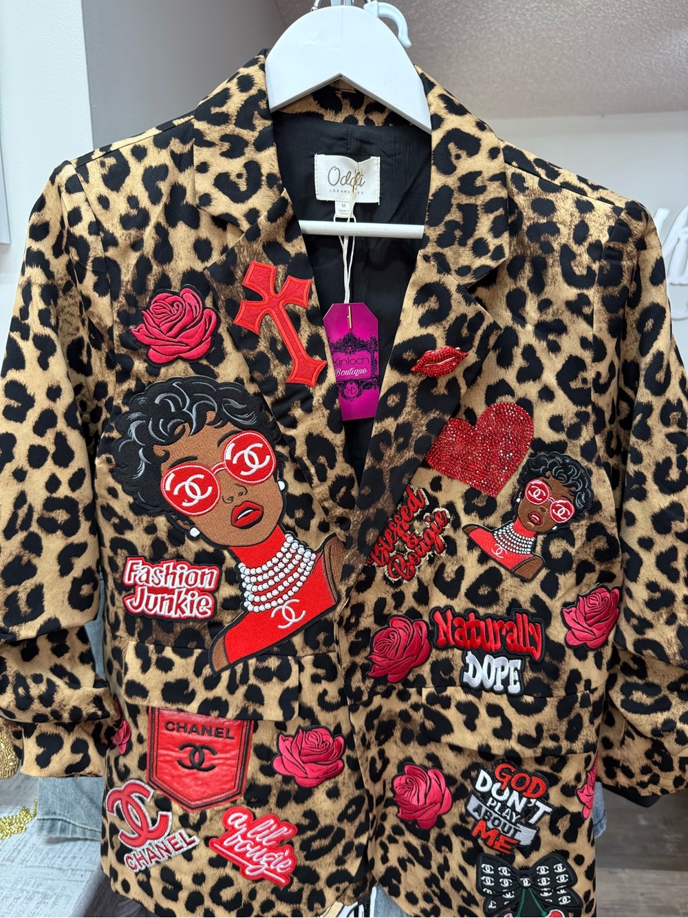 Leopard Print Embroidered Patch Jacket - Tan & Black